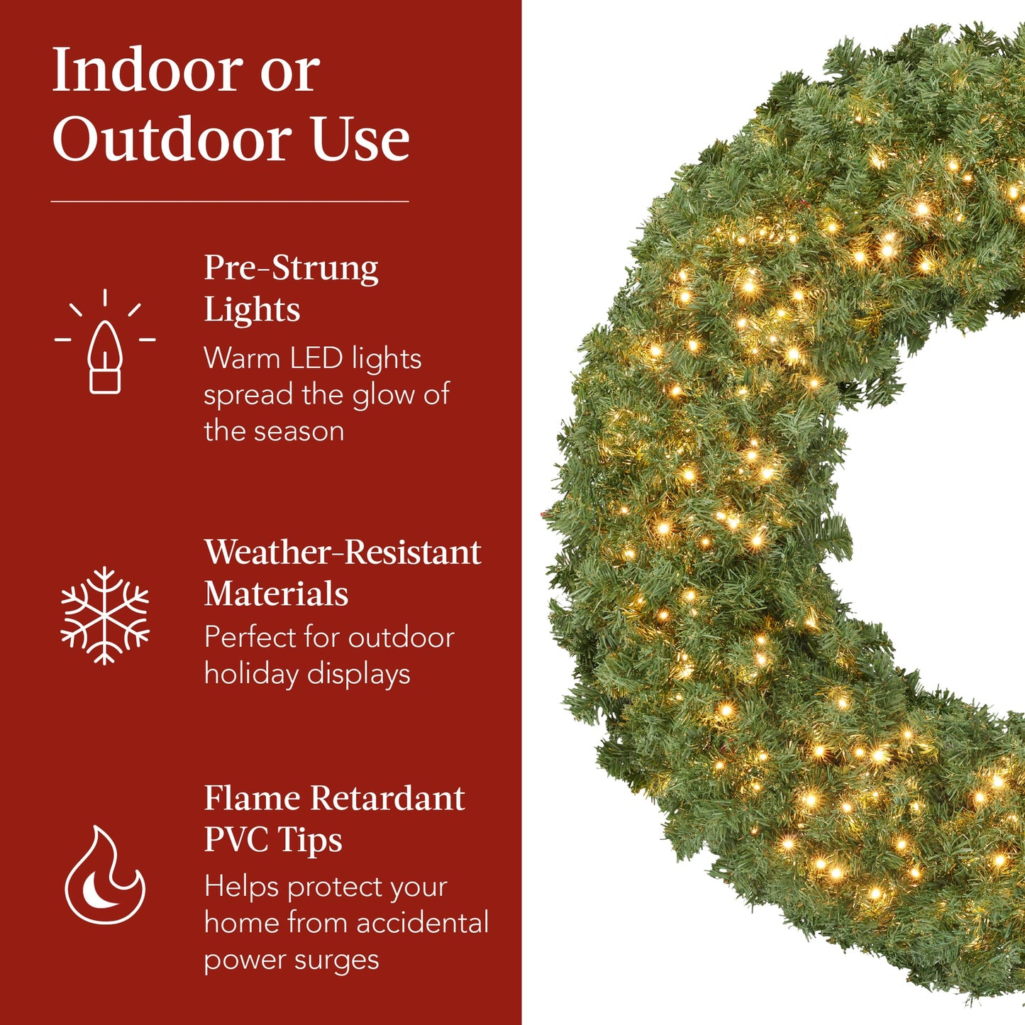 Pre-Lit Artificial Fir Christmas Wreath with Red Bow & LED Lights