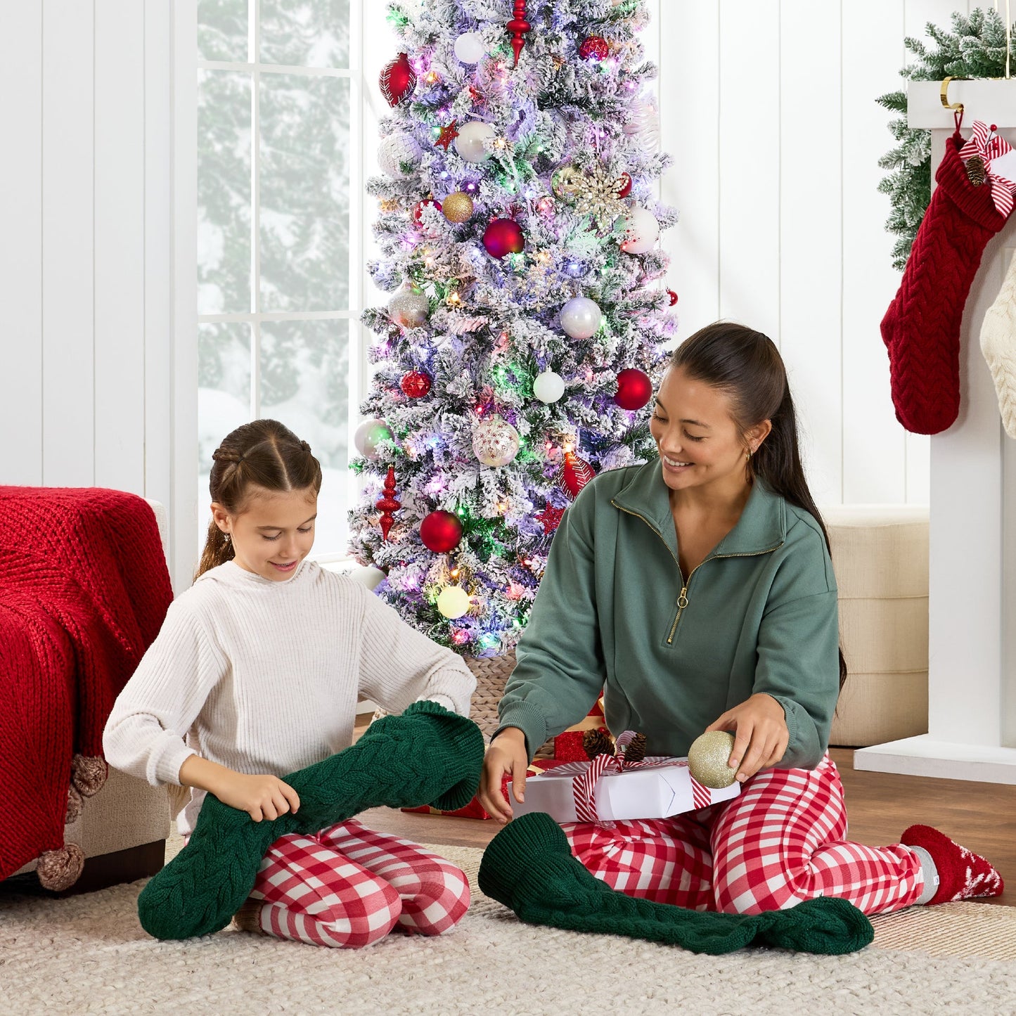 Pre Lit Snow Flocked Pencil Christmas Tree with Multicolor LED Lights