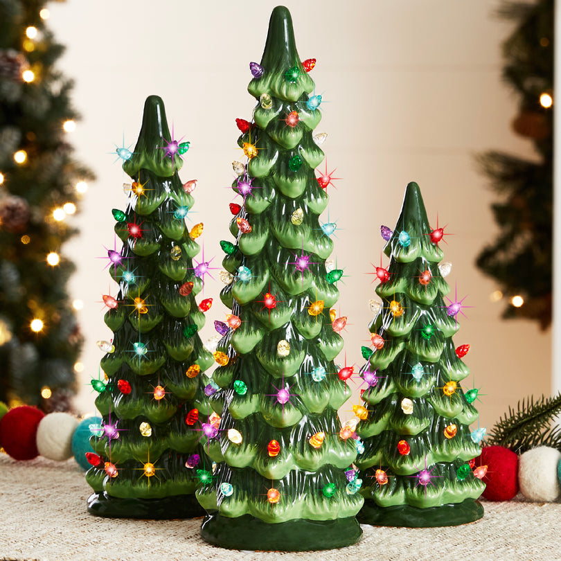 Set of 3 Pre Lit Ceramic Tabletop Christmas Trees