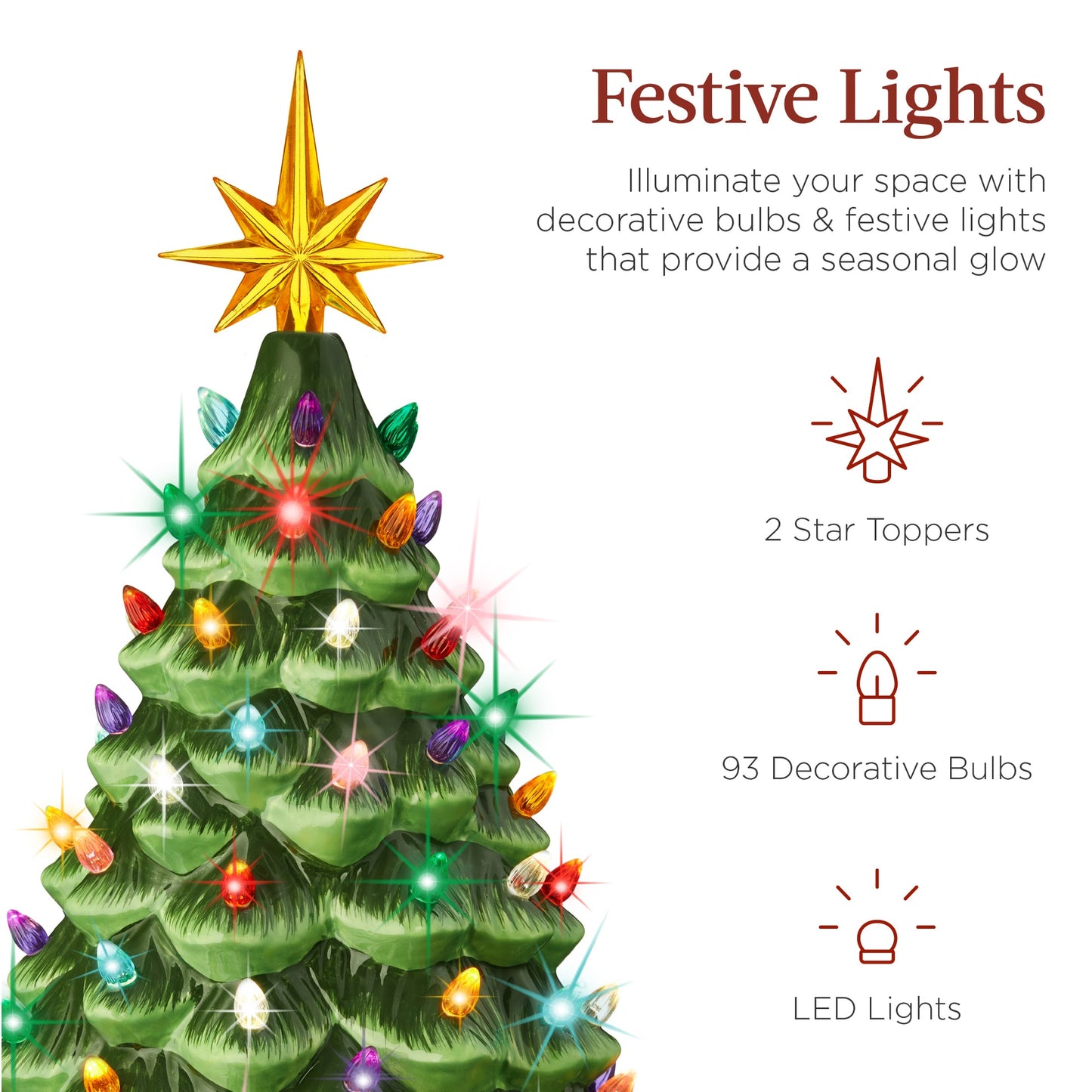 18-Inch Large Pre-Lit Ceramic Christmas Tree with LED Lights & Star Topper