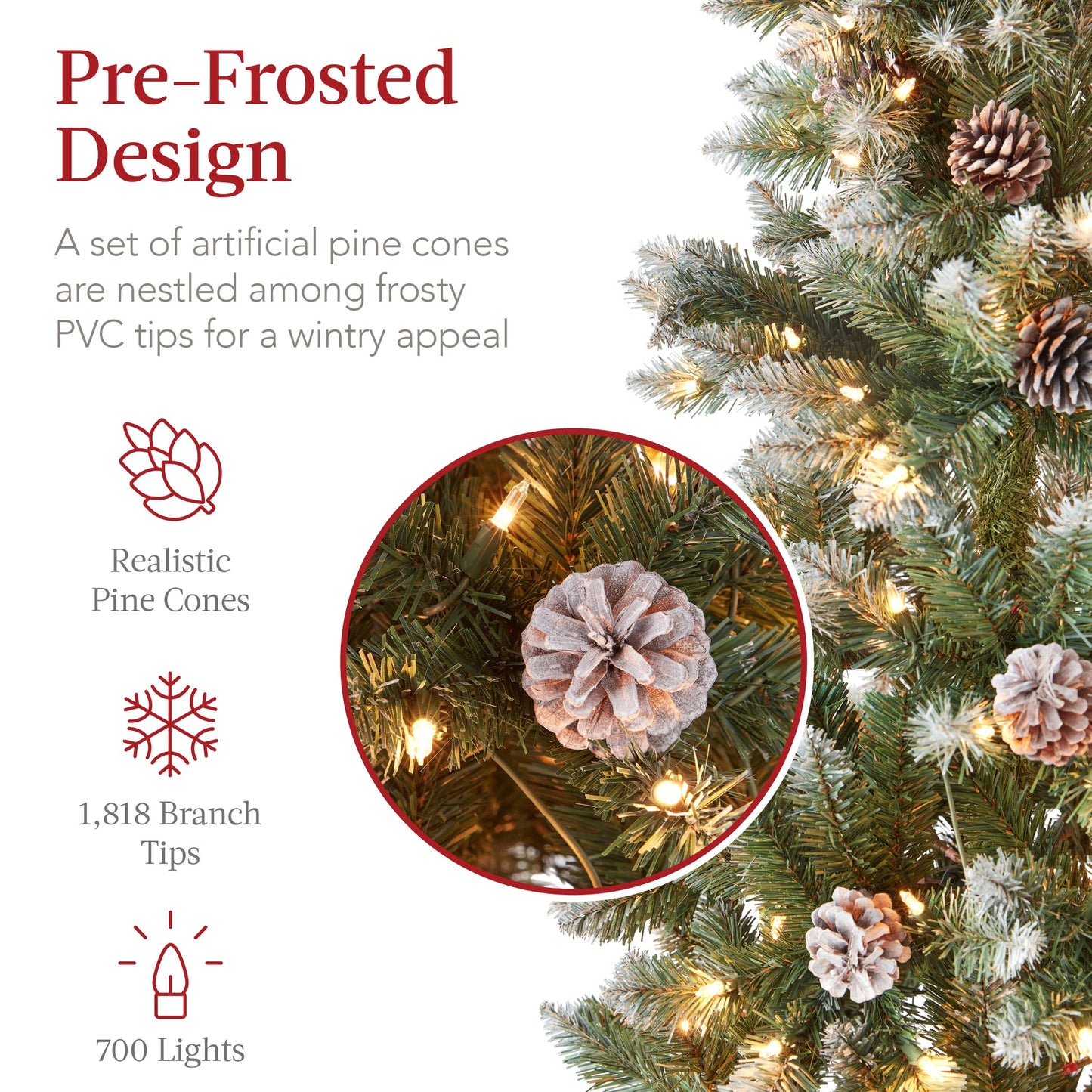 Pre Lit Partially Flocked Pencil Christmas Tree with Pine Cones Metal Stand