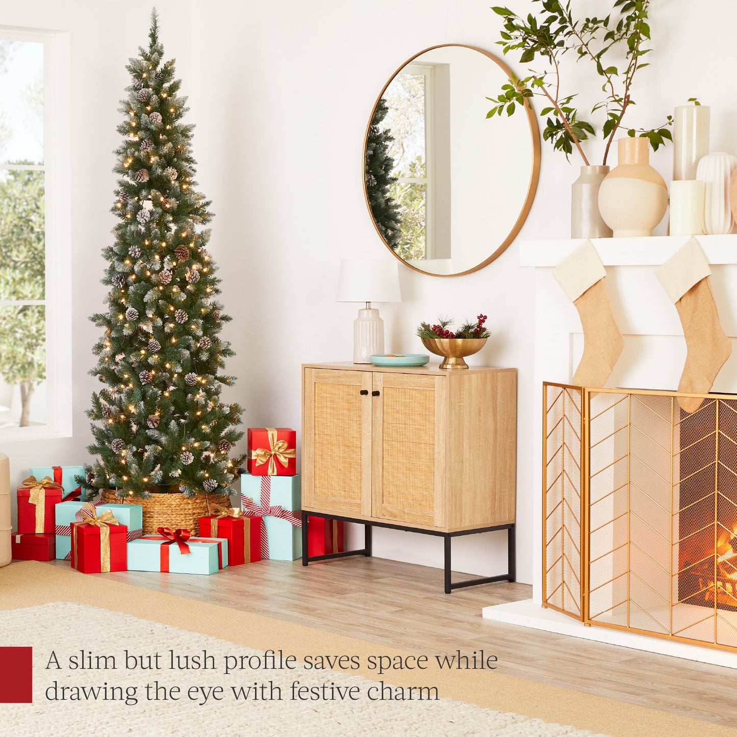 Pre Lit Partially Flocked Pencil Christmas Tree with Pine Cones Metal Stand