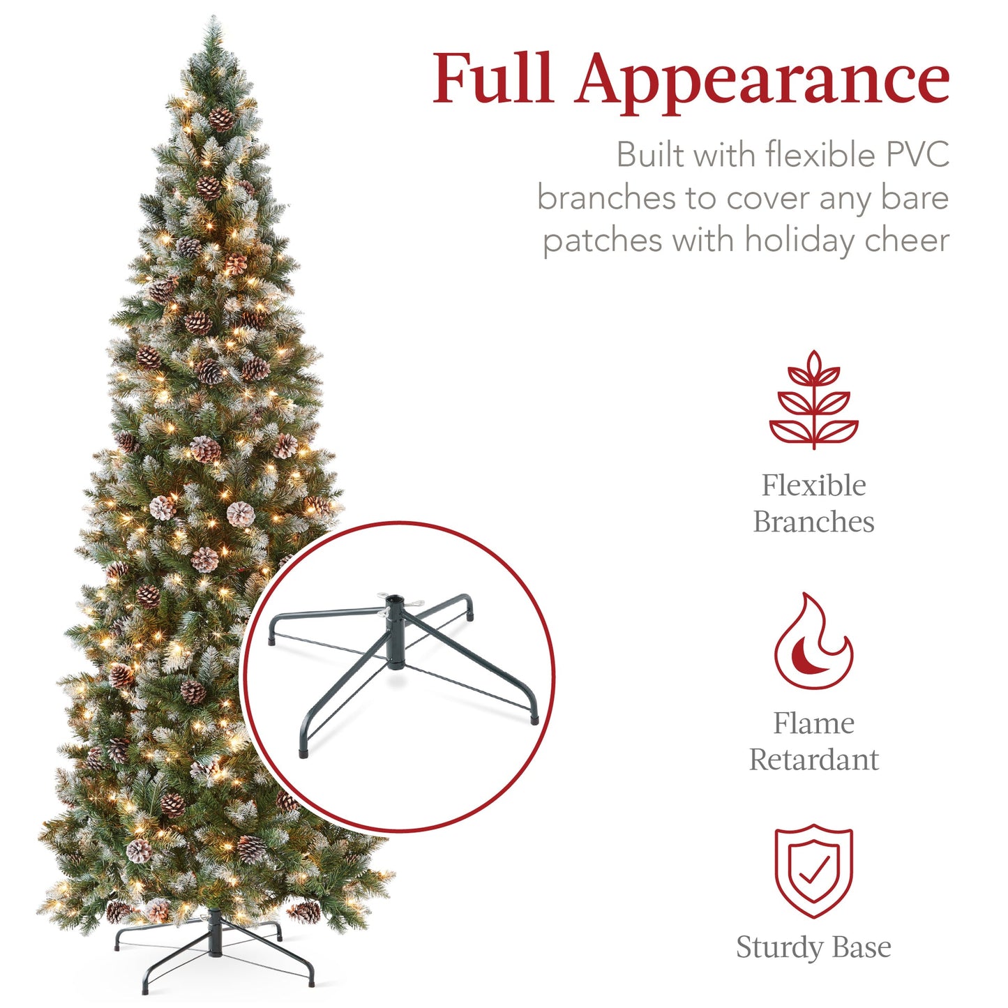 Pre Lit Partially Flocked Pencil Christmas Tree with Pine Cones Metal Stand