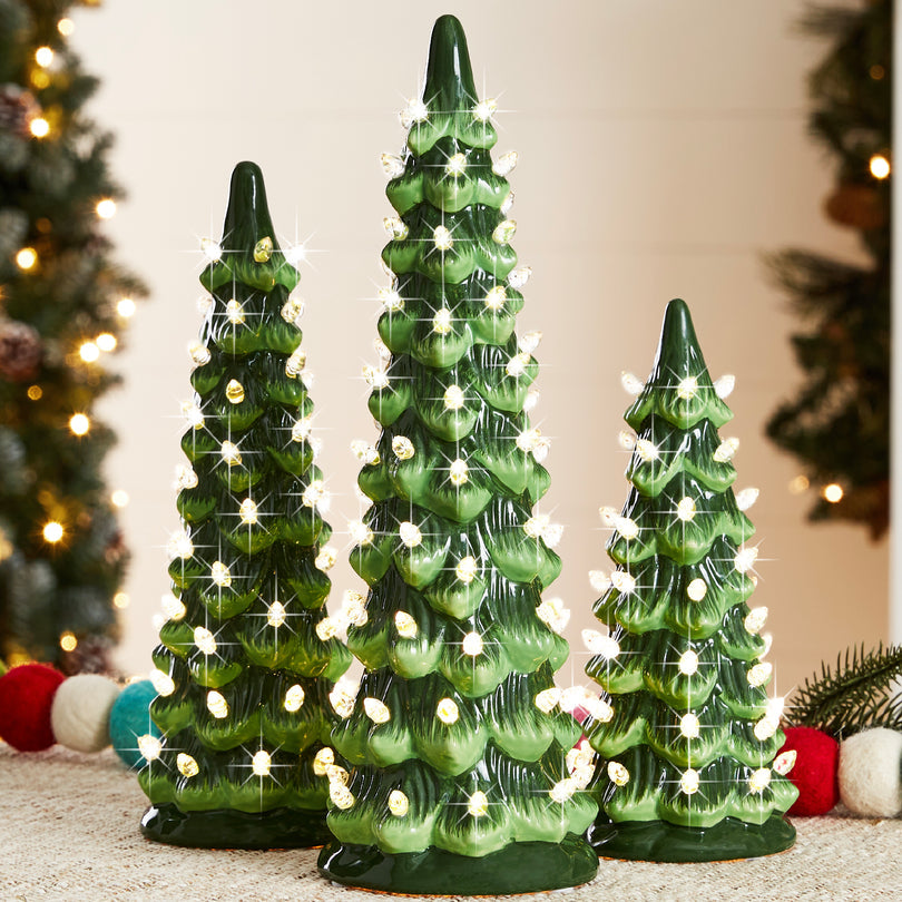Set of 3 Pre Lit Ceramic Tabletop Christmas Trees