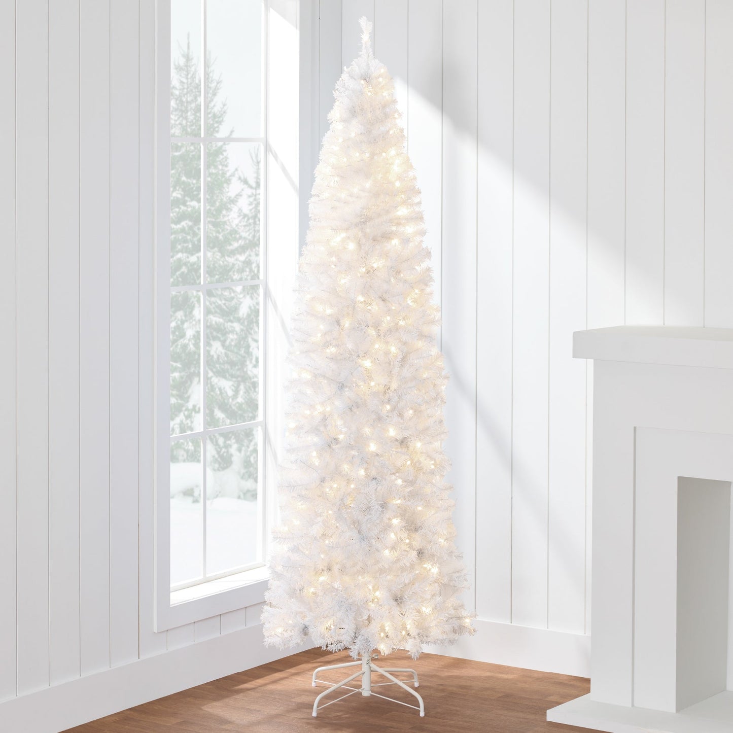 Pre Lit White Pencil Christmas Tree with Metal Base