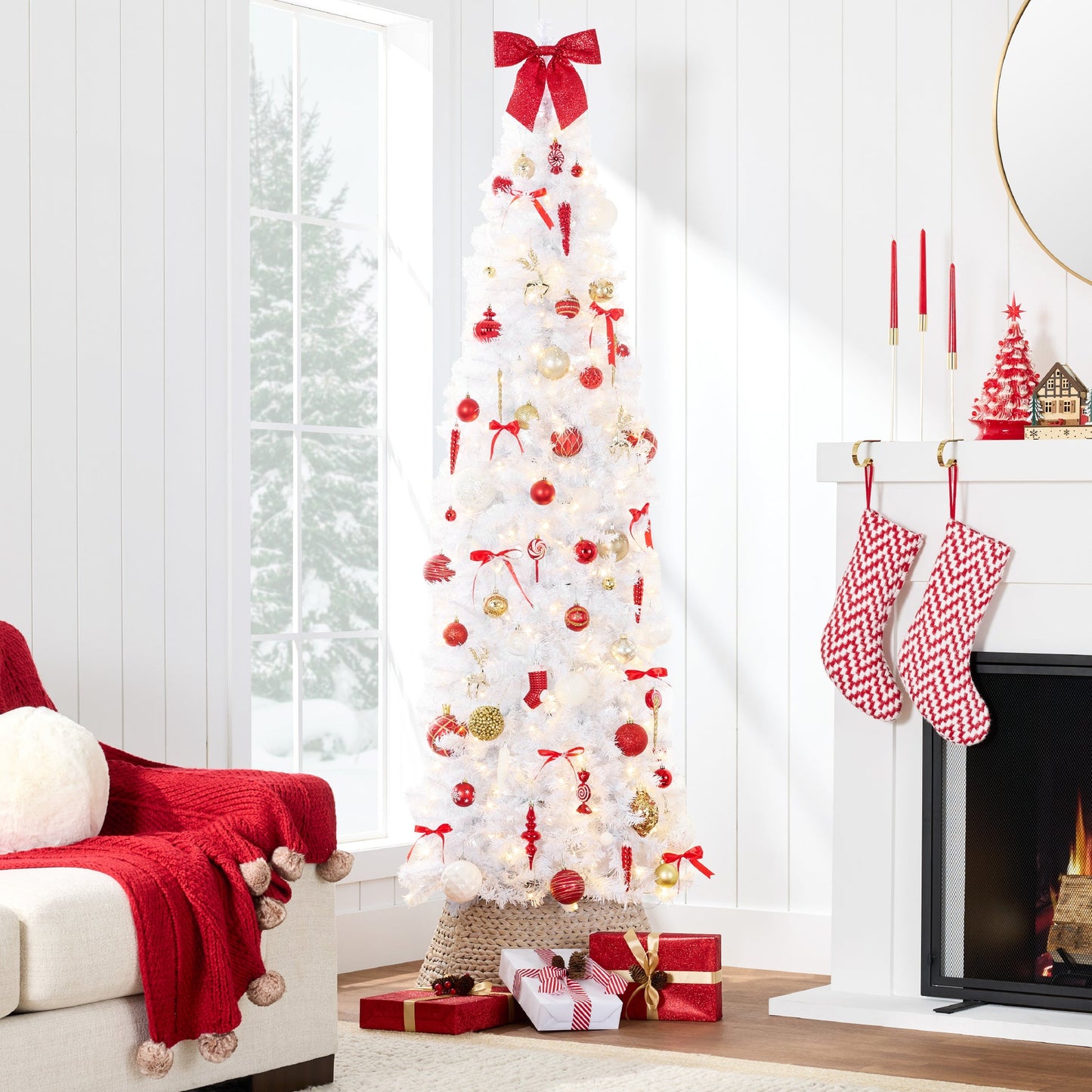 Pre Lit White Pencil Christmas Tree with Metal Base