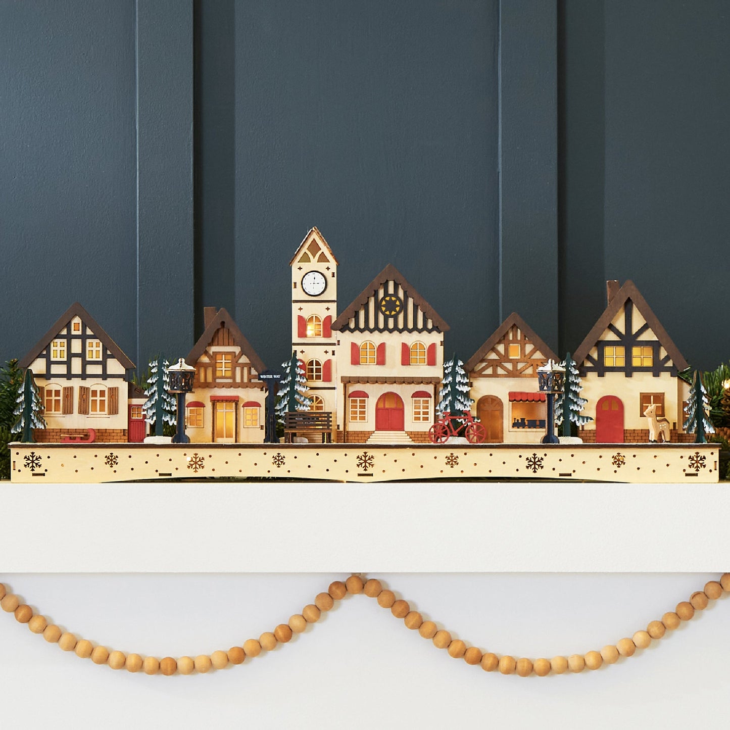 Pre-Lit Wooden Christmas Village with 20 LED Lights Mantel Decor