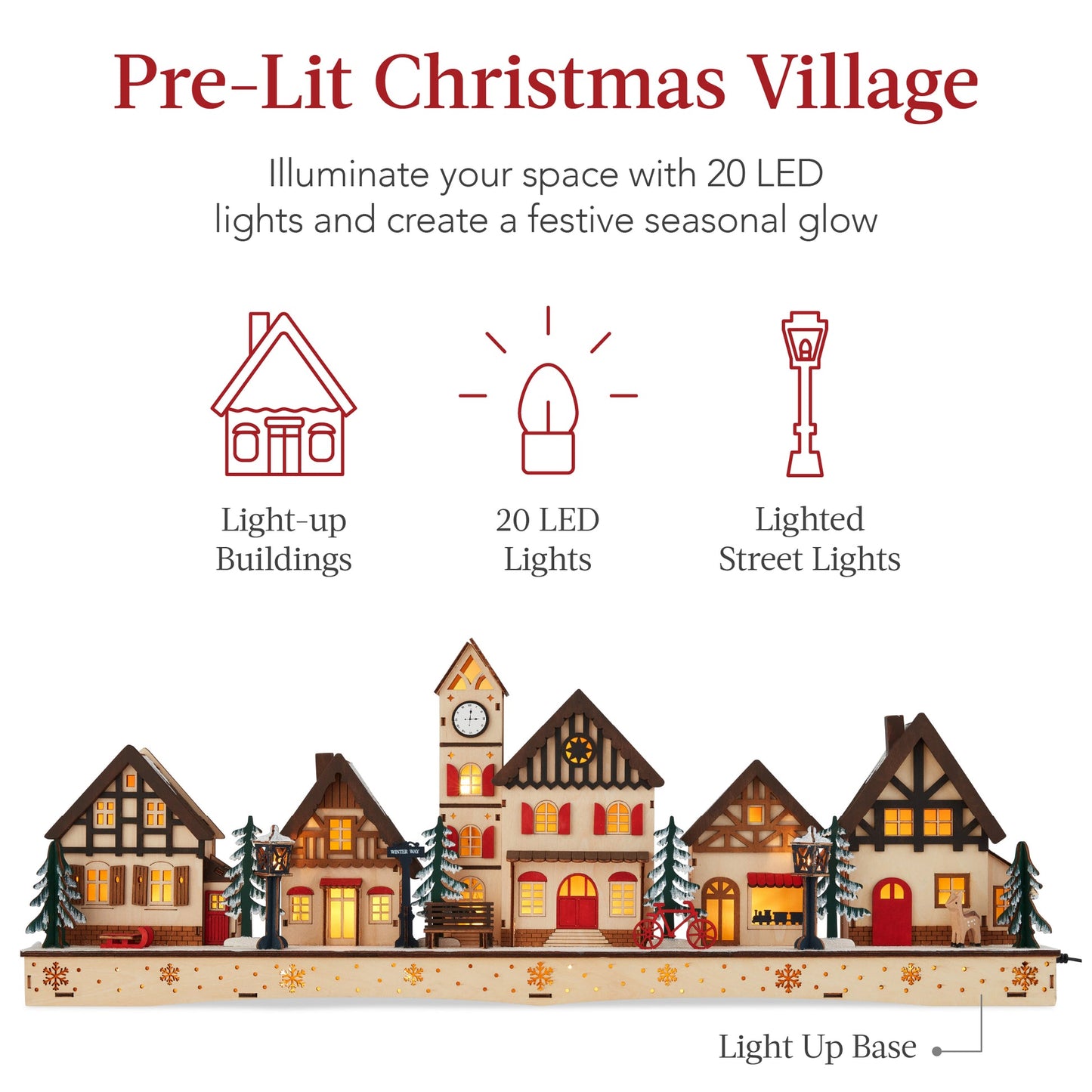 Pre-Lit Wooden Christmas Village with 20 LED Lights Mantel Decor