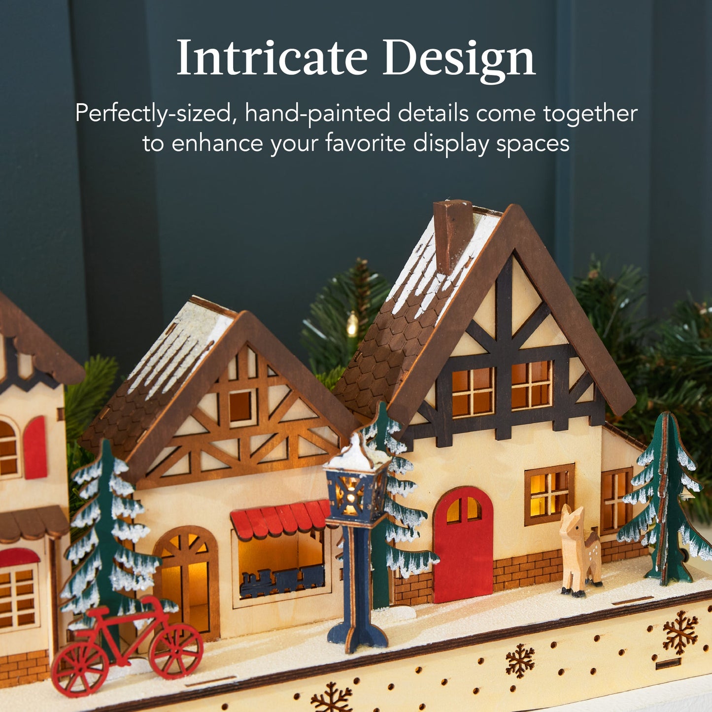 Pre-Lit Wooden Christmas Village with 20 LED Lights Mantel Decor