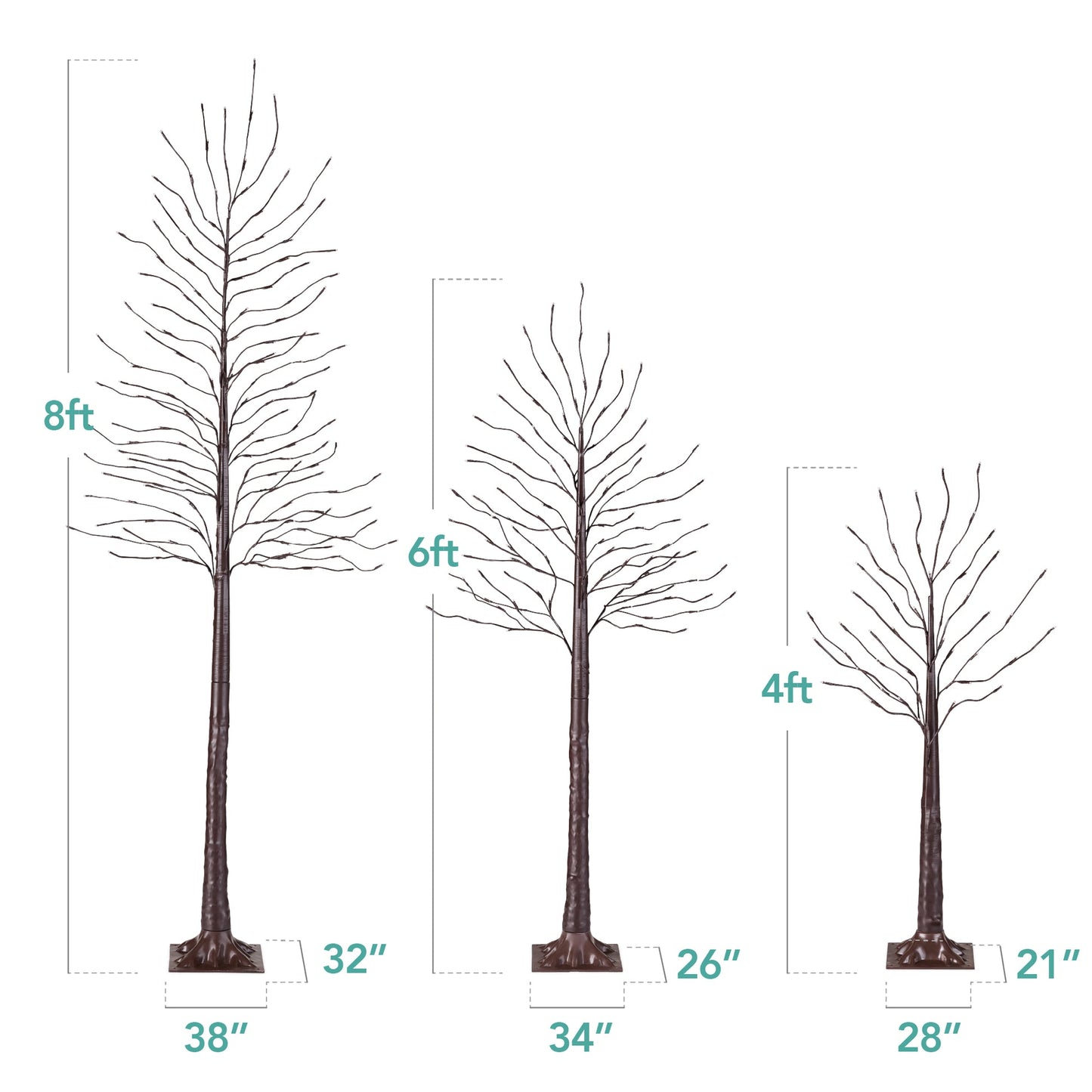 Set of 3 Lighted Birch Twig Trees with 300 Color-Changing LED Lights