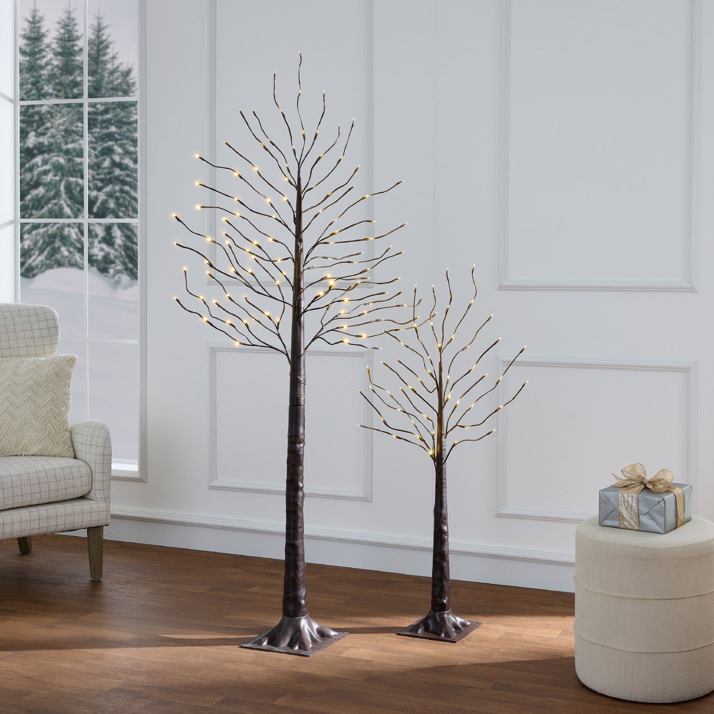 Set of 3 Lighted Birch Twig Trees with 300 Color-Changing LED Lights