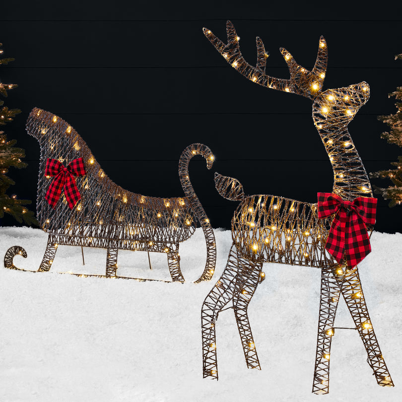 Lighted Outdoor Reindeer & Sleigh Decoration Set with LED Lights