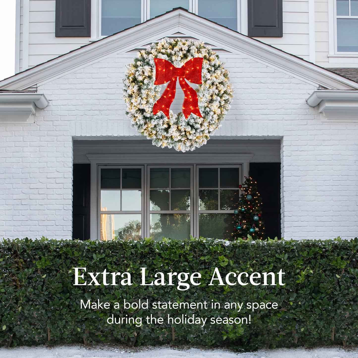 Pre-Lit Flocked Artificial Fir Christmas Wreath with Red Bow & LED Lights