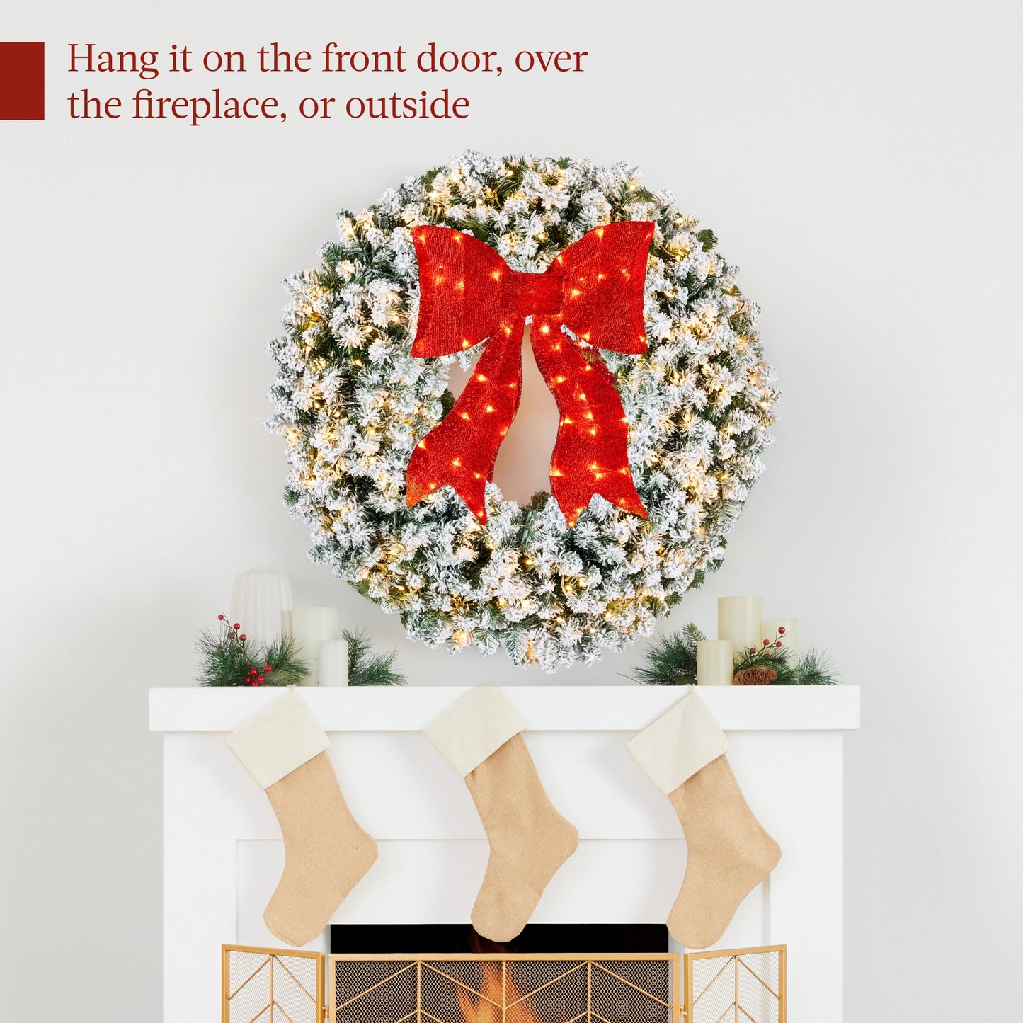 Pre-Lit Flocked Artificial Fir Christmas Wreath with Red Bow & LED Lights