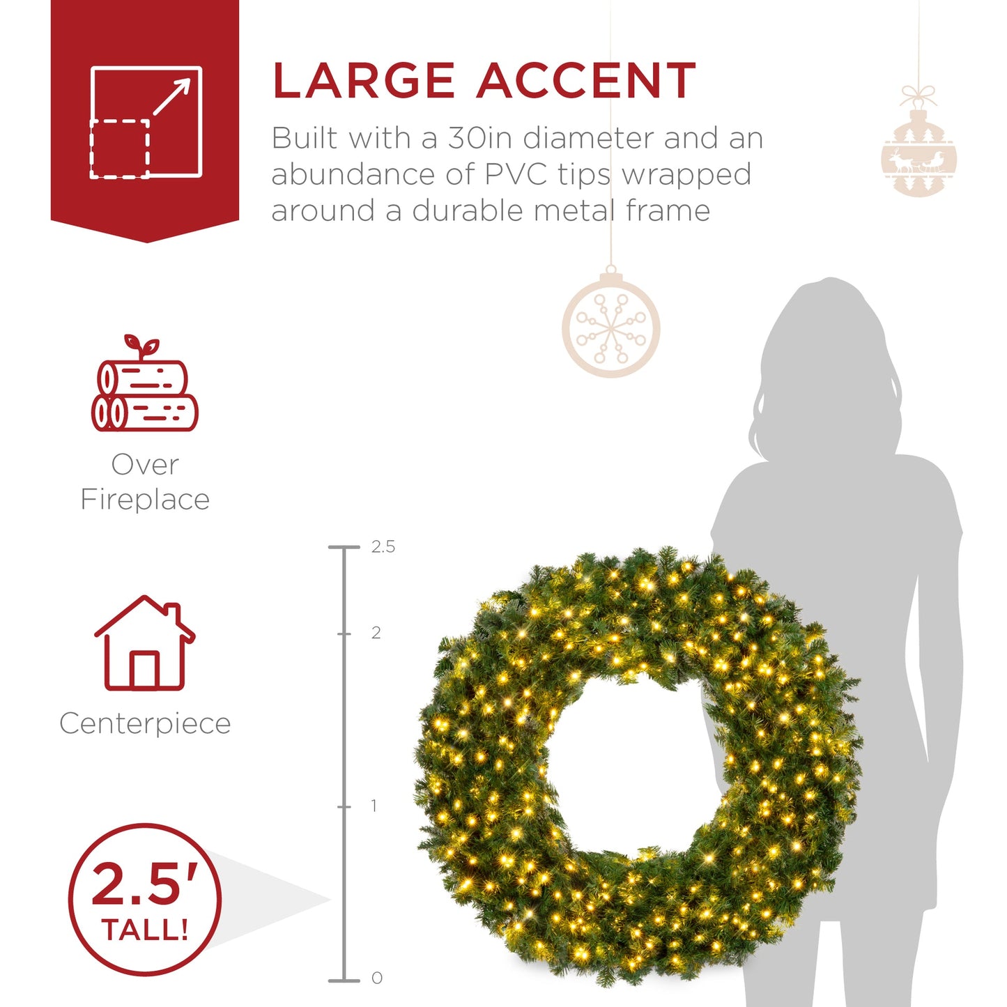 Pre Lit Artificial Fir Christmas Wreath with LED Lights Plug In
