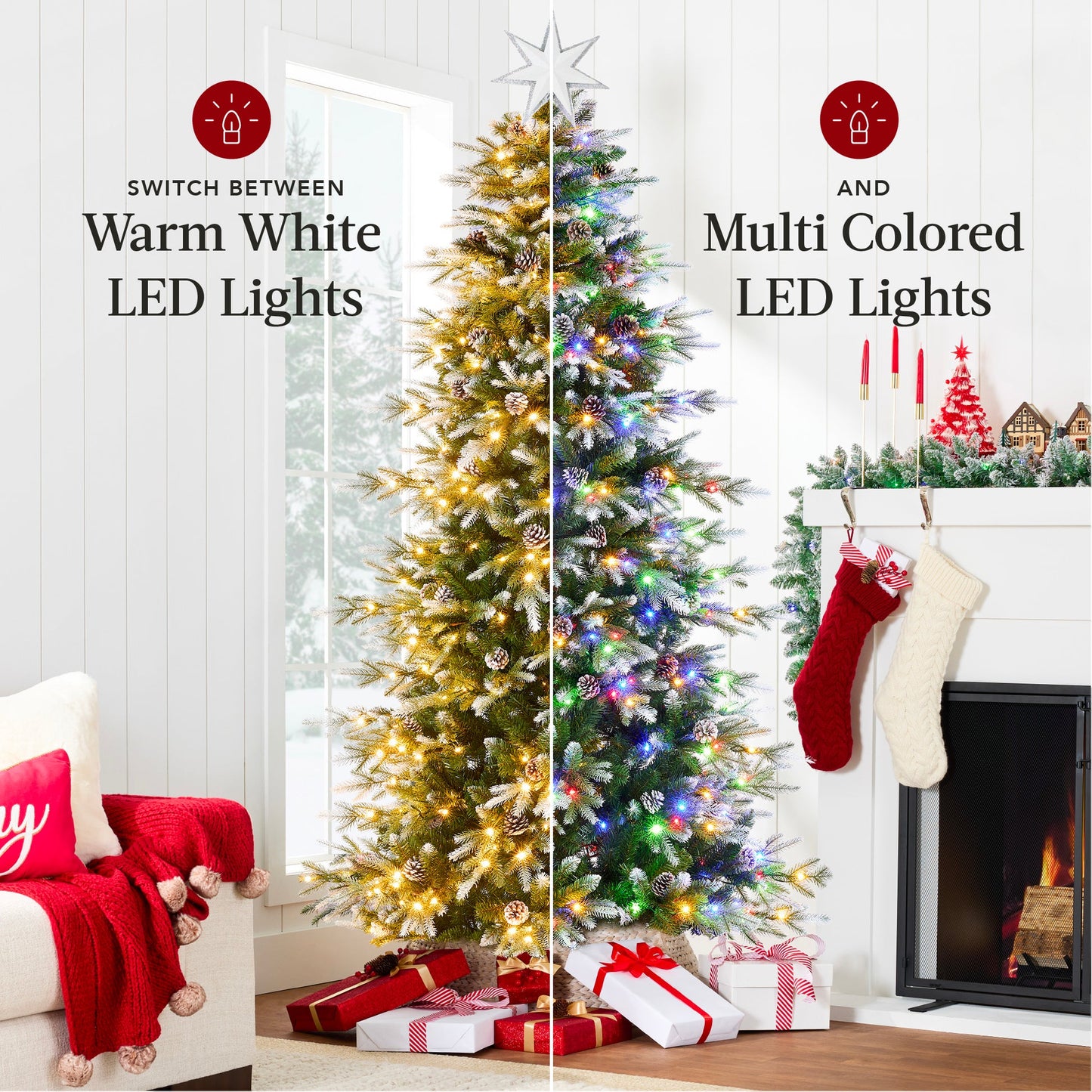 Pre Lit Flocked Slim Aspen Noble Fir Christmas Tree with Metal Stand