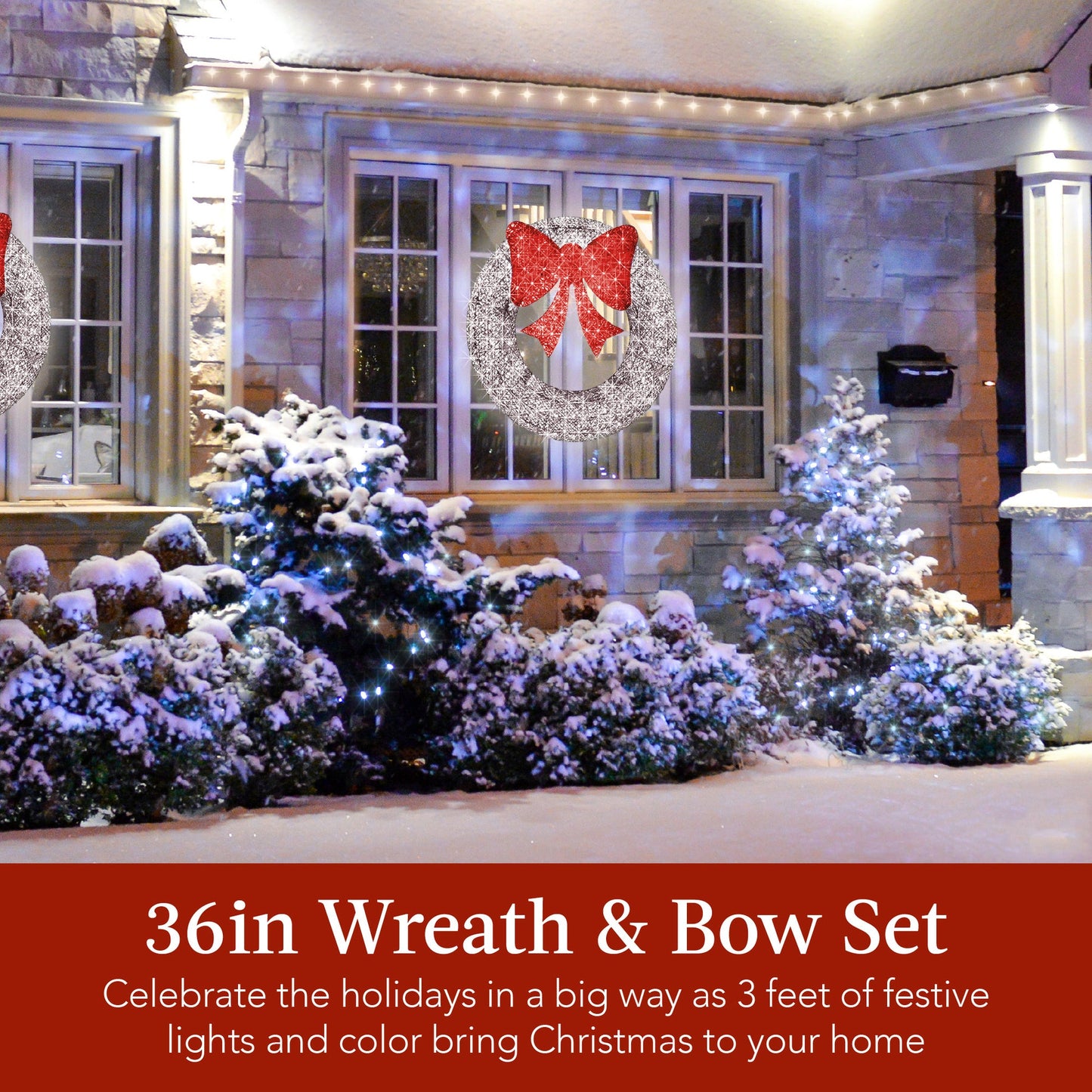 36-Inch Pre-Lit Outdoor Christmas Wreath with LED Lights & Bow