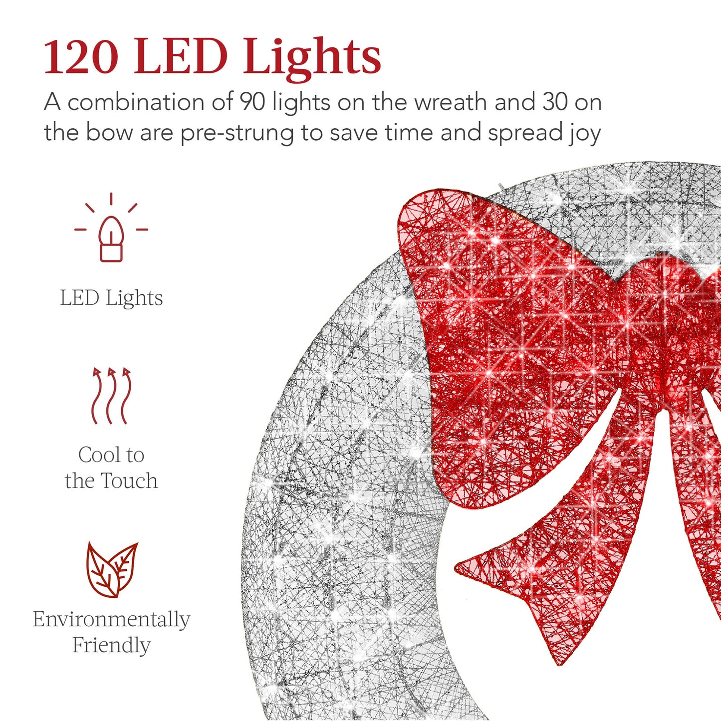 36-Inch Pre-Lit Outdoor Christmas Wreath with LED Lights & Bow