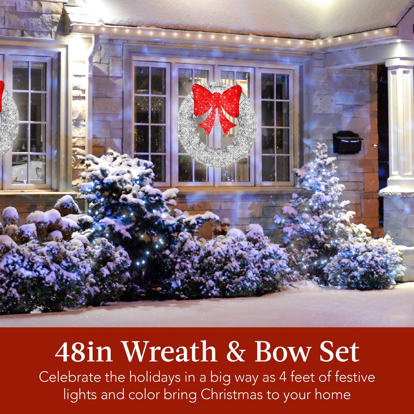 48-Inch Pre-Lit Outdoor Christmas Wreath with LED Lights & Bow