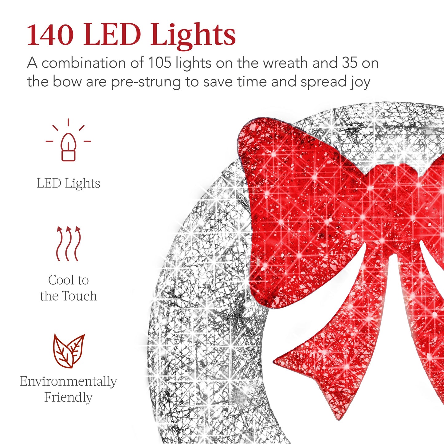 48-Inch Pre-Lit Outdoor Christmas Wreath with LED Lights & Bow