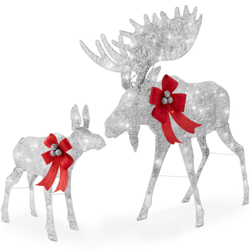 2-Piece Moose Family Lighted Outdoor Christmas Decoration Set with LED Lights