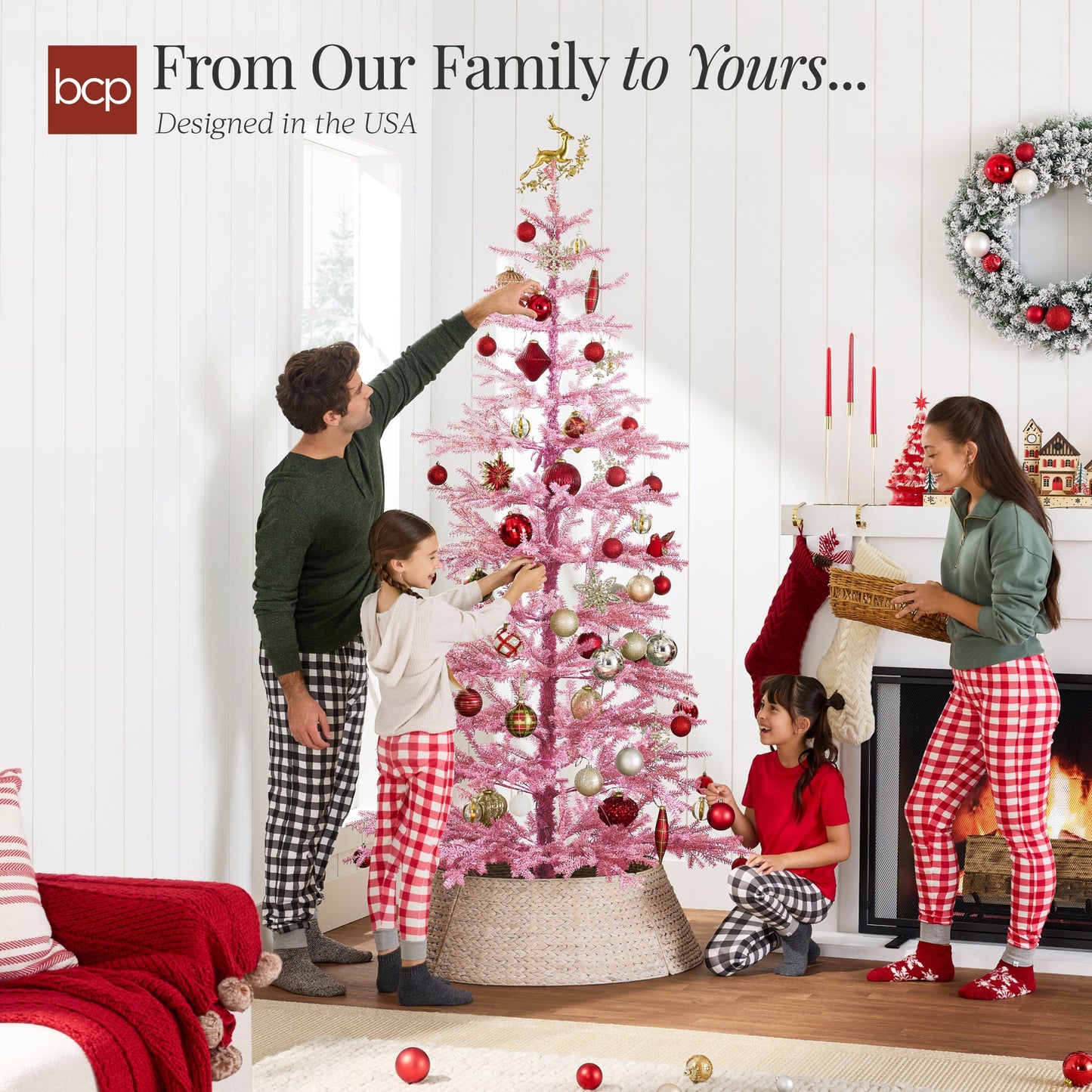 Pink Pre Lit Flocked Christmas Tree with 2 in 1 LEDs