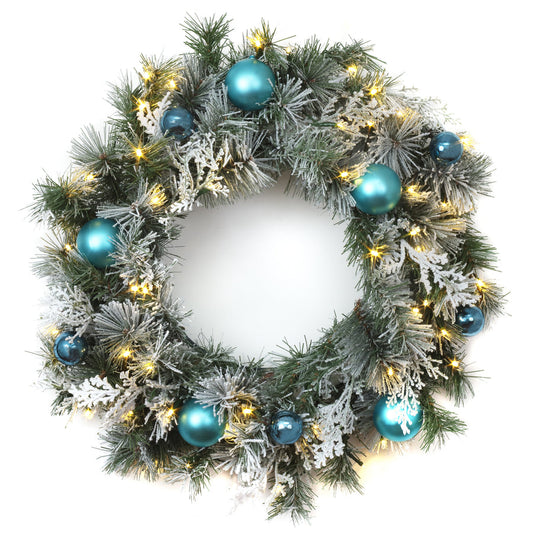 24 Inch Pre Lit Tinkham Pine Christmas Wreath with LED Lights Blue Accents | USA Decoration®