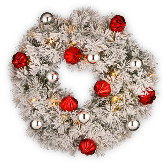 24 Inch Pre Lit Snowy Bristle Pine Christmas Wreath with LED Lights | USA Decoration®