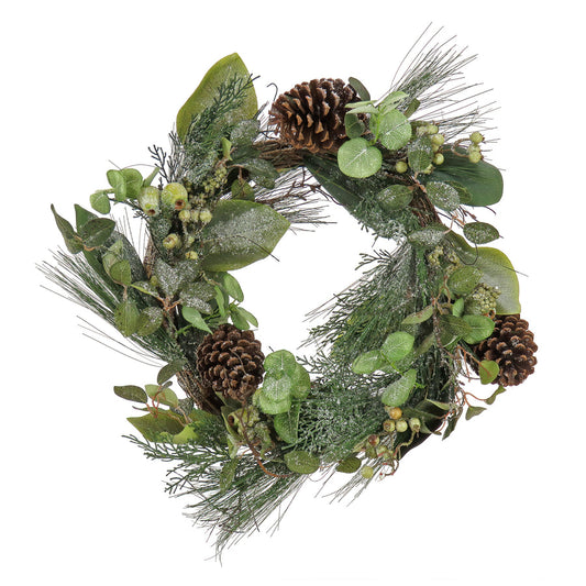 24 Inch Pine Berry Cone Plastic Wreath with Pinecones and Red Berries | USA Decoration®
