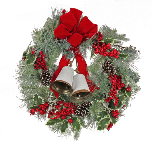 26 Inch Berry Pine Plastic Wreath with Red Berries and Decorative Bow | USA Decoration®
