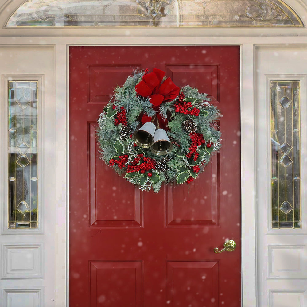 26 Inch Berry Pine Plastic Wreath with Red Berries and Decorative Bow | USA Decoration®