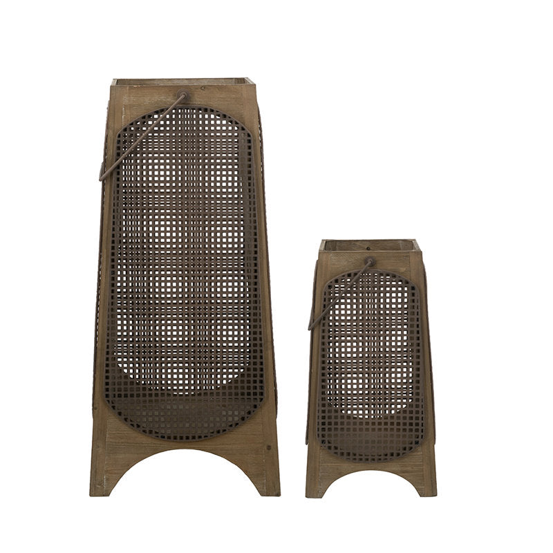 S/2 Weathered Brown Lanterns With Arched Legs And Mesh Design, L:14x14x29.5" S:9.5x9.5x17.5"