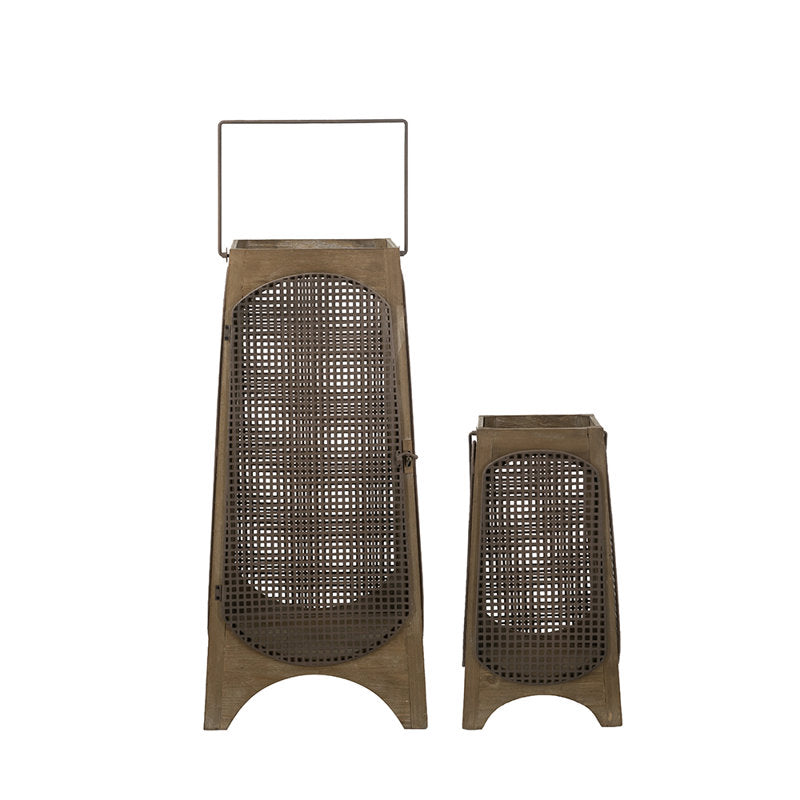 S/2 Weathered Brown Lanterns With Arched Legs And Mesh Design, L:14x14x29.5" S:9.5x9.5x17.5"