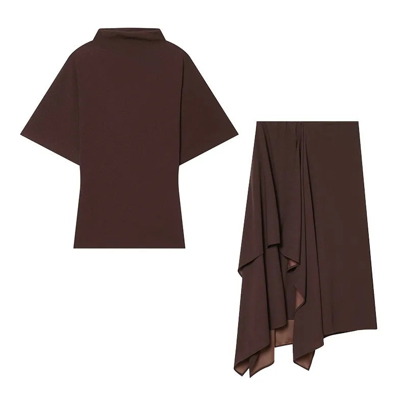 Women's Flowing Midi Waist Skirts Sets 2026 Spring Summer 2 Piece Loose High-Neck Top+ Asymmetric Skirts Female Outfit