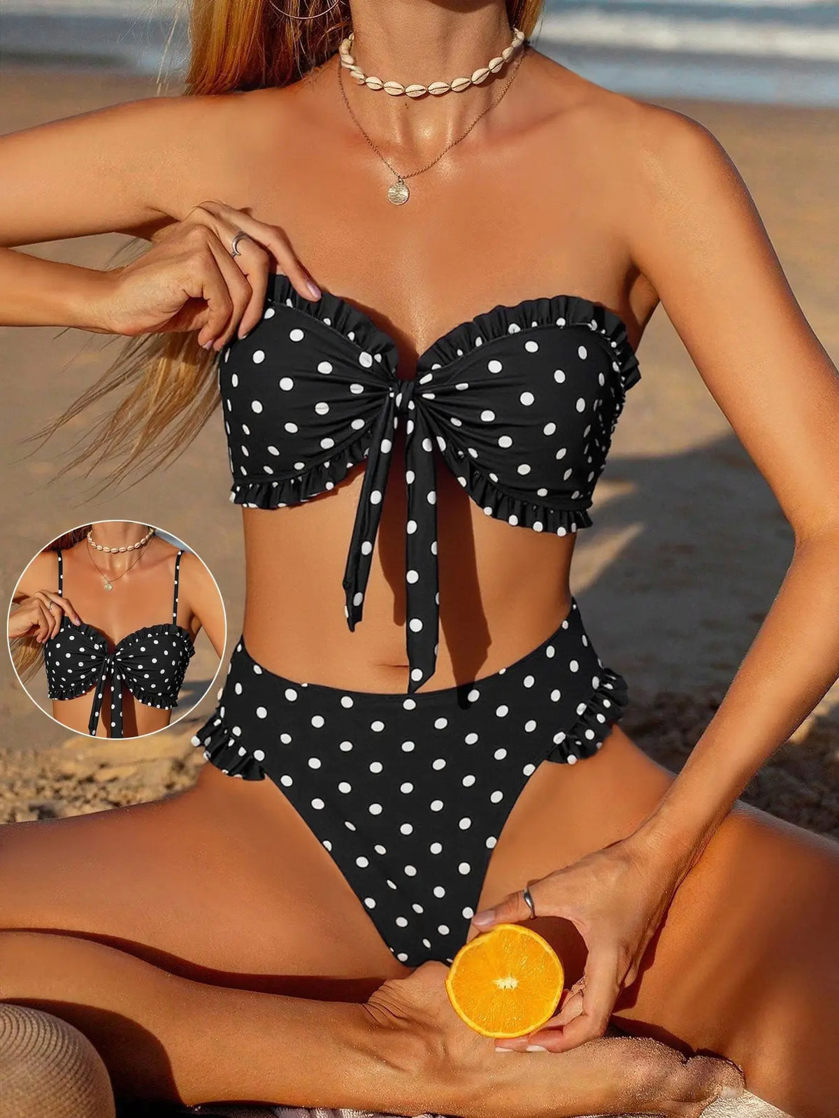 Women Polka Dot Bikinis Set Ruffle Trim Front Bow Bandeau Top High Waist High Cut Bikini Swimwears Beach Bathing Suit Swimsuits
