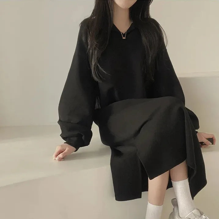 Korean Version of Solid Color POLO Collar Spring and Autumn Loose Lazy Style Long Dress Women
