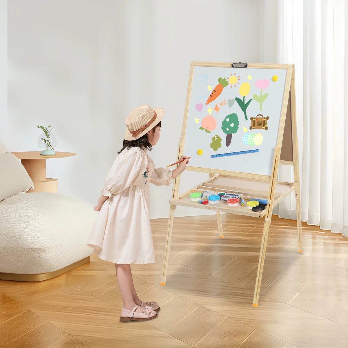Wooden Kids Art Easel Adjustable 3-in-1 Magnetic Whiteboard & Chalkboard with Accessories for Creative Children Drawing