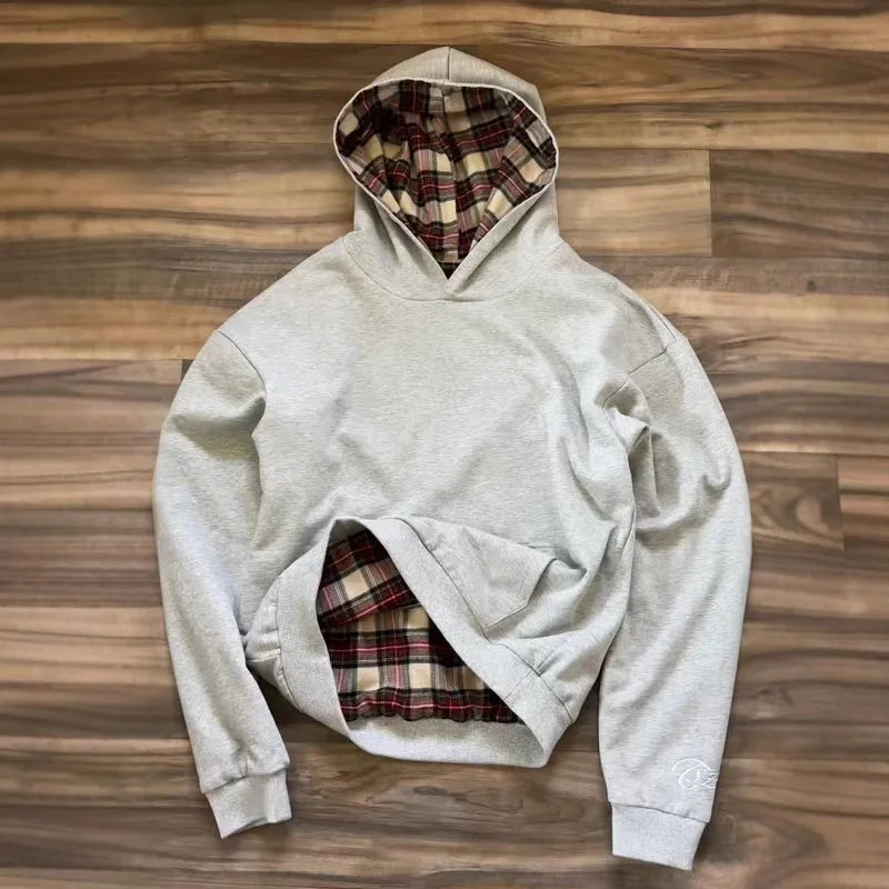 casual unisex American hip hop plaid hooded loose top long sleeve Y2K vintage warm comfortable Joker Two-sided pullover