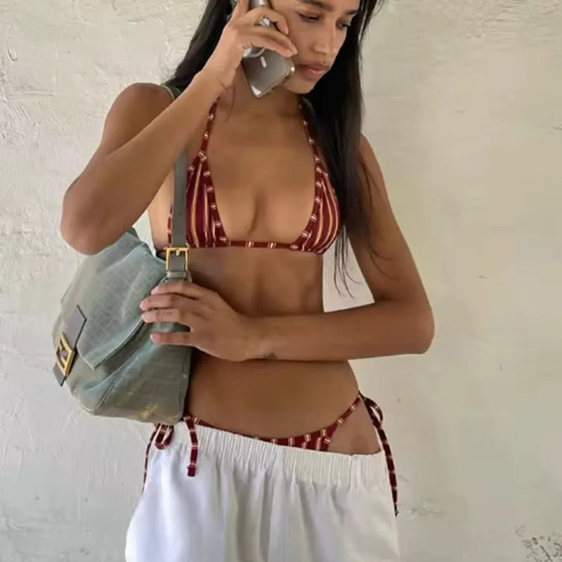 2026 Women's Bikini Swimsuit Stripe Hanging Neck Beach Vacation Swimwear Stylish Elegant Fashionable Summer Fun Poolside Look