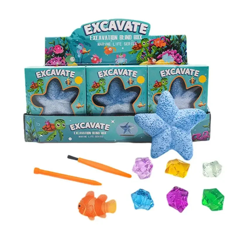 Archaeological Excavation Puzzle Toy Starfish Marine Life Dinosaur Fossil Gemstone Excavation Kit Includes 12 Real Gemstones