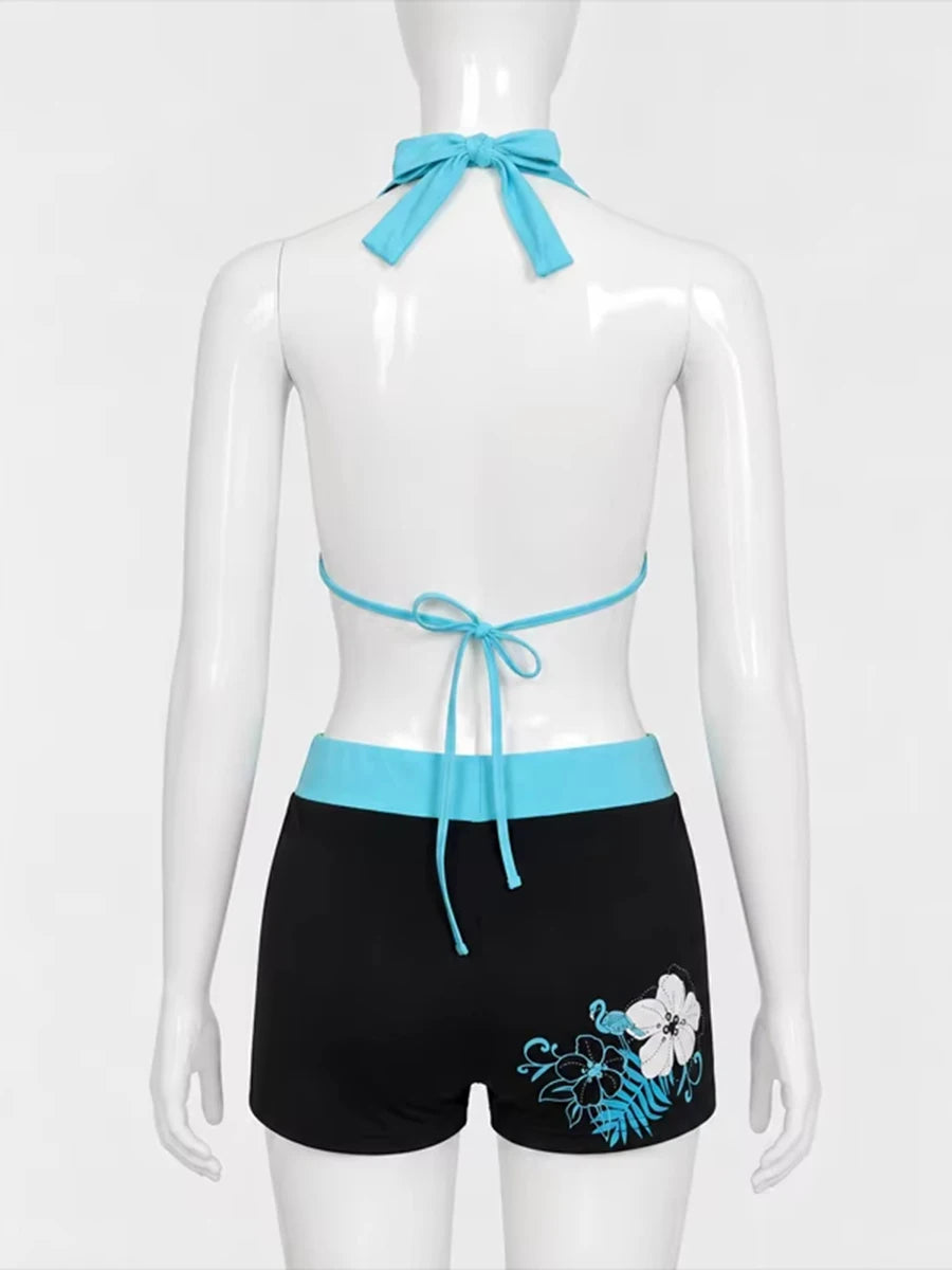 Women's Y2K Tropical Floral Print Halter Bikini Set Two Piece Boy Shorts Beach Swimsuit