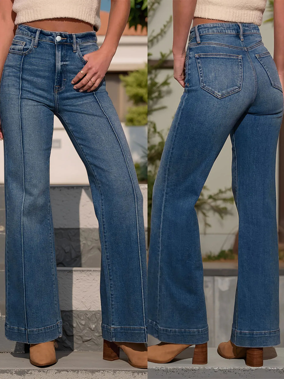 Autumn dark blue high waist wide leg women's jeans stretch denim fabric button placket autumn fashion all-match women's jeans