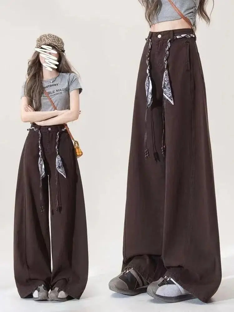 Vintage Brown Patchwork Jeans Women Streetwear High Waist Loose Plaid Denim Pants Y2K Retro Korean Zipper Wide Leg Trouser