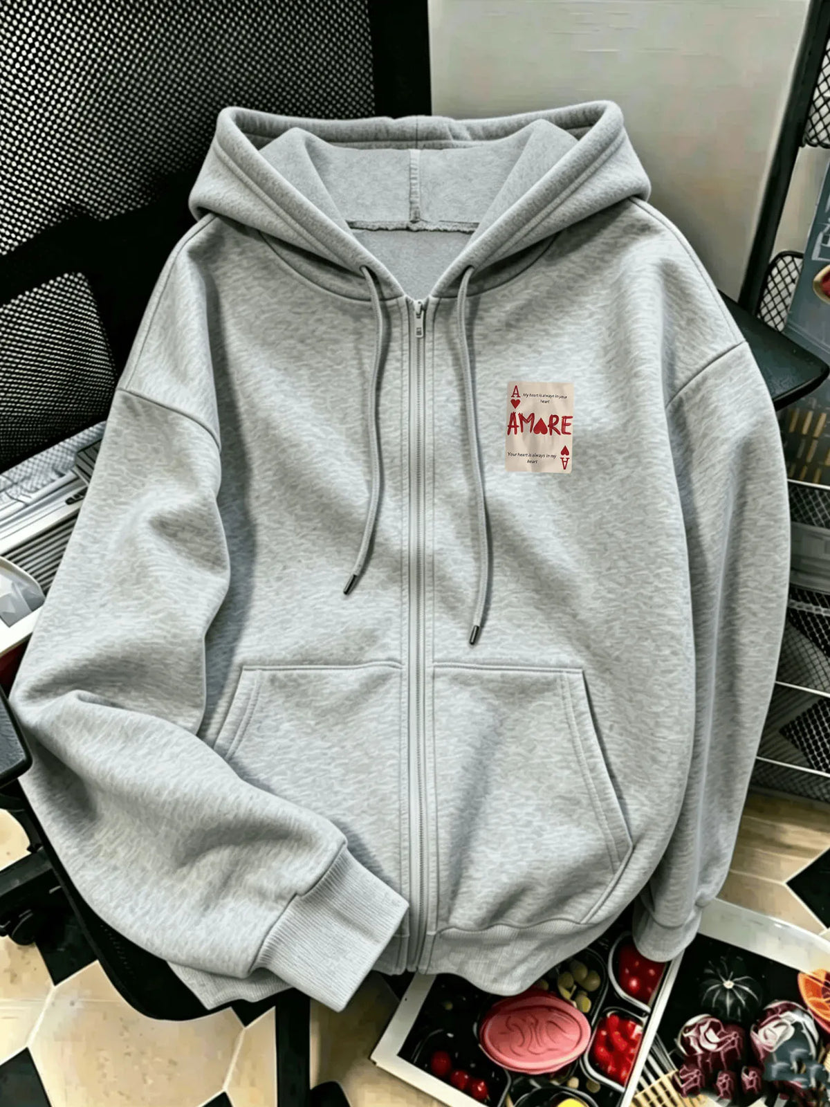 Letter-Printed Zip-Up Hoodie, Casual Zip-Up Long-Sleeve Hoodie - Knitted Polyester Fabric, Perfect for Autumn and Winter.