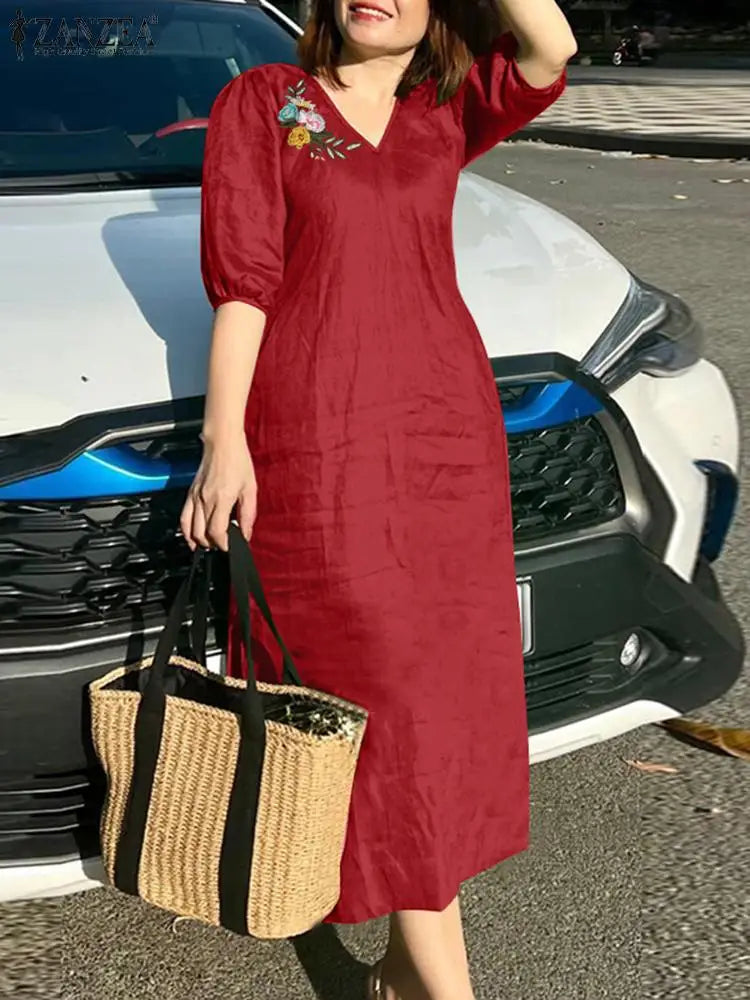 ZANZEA Women V Neck A-line Vestidos Solid Holiday Casual 2024 Summer Dresses Commute Half Sleeve Floral Embroidery Midi Dress
