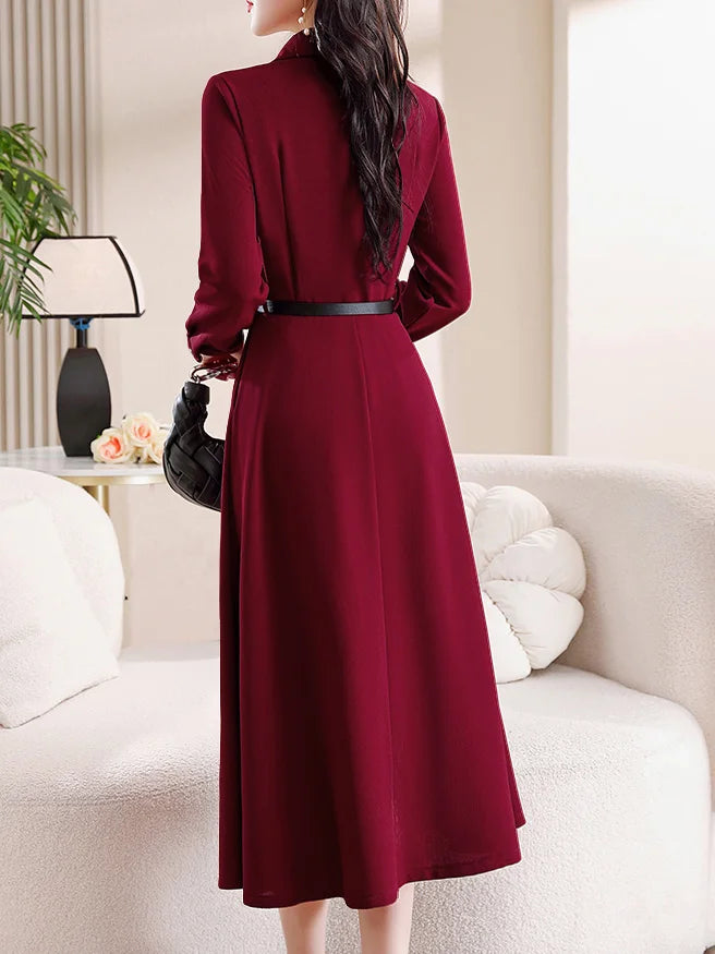 Women Elegant Midi Dress Long Sleeve Office Lady Shirt Dress Turn Down Collar Button A Line Party Work Dress Without Belt Casual