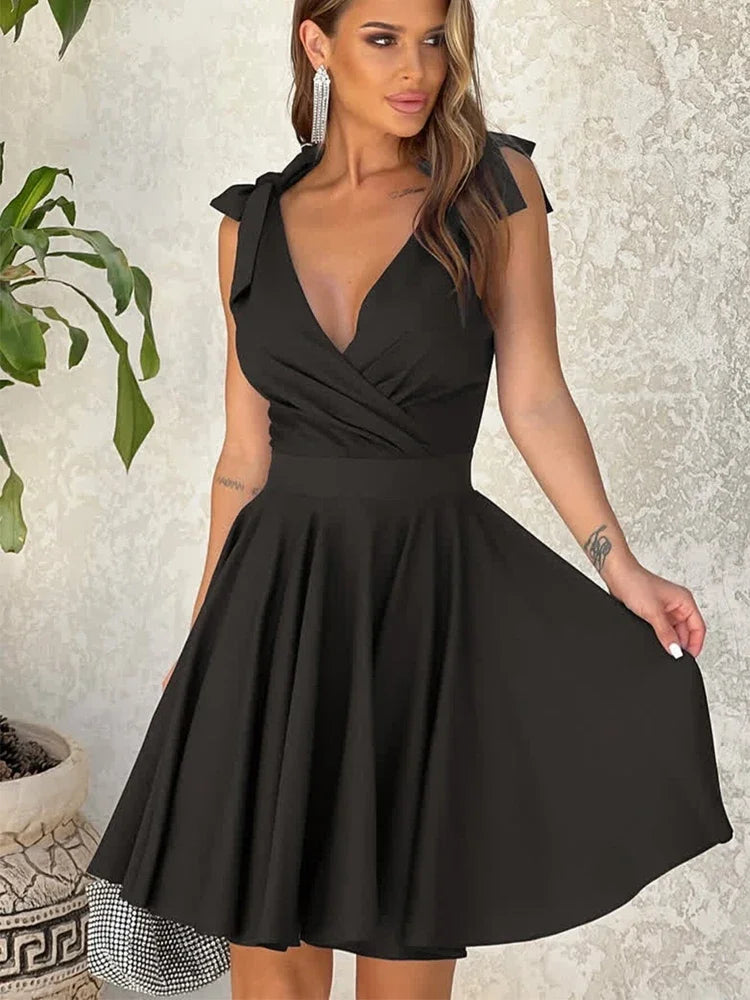 Summer Elegant Solid Color Suspender Mini Dress Sexy Deep V-neck Dress Fashion Pleated Dresses Sweet Bow Women's Clothing 9208