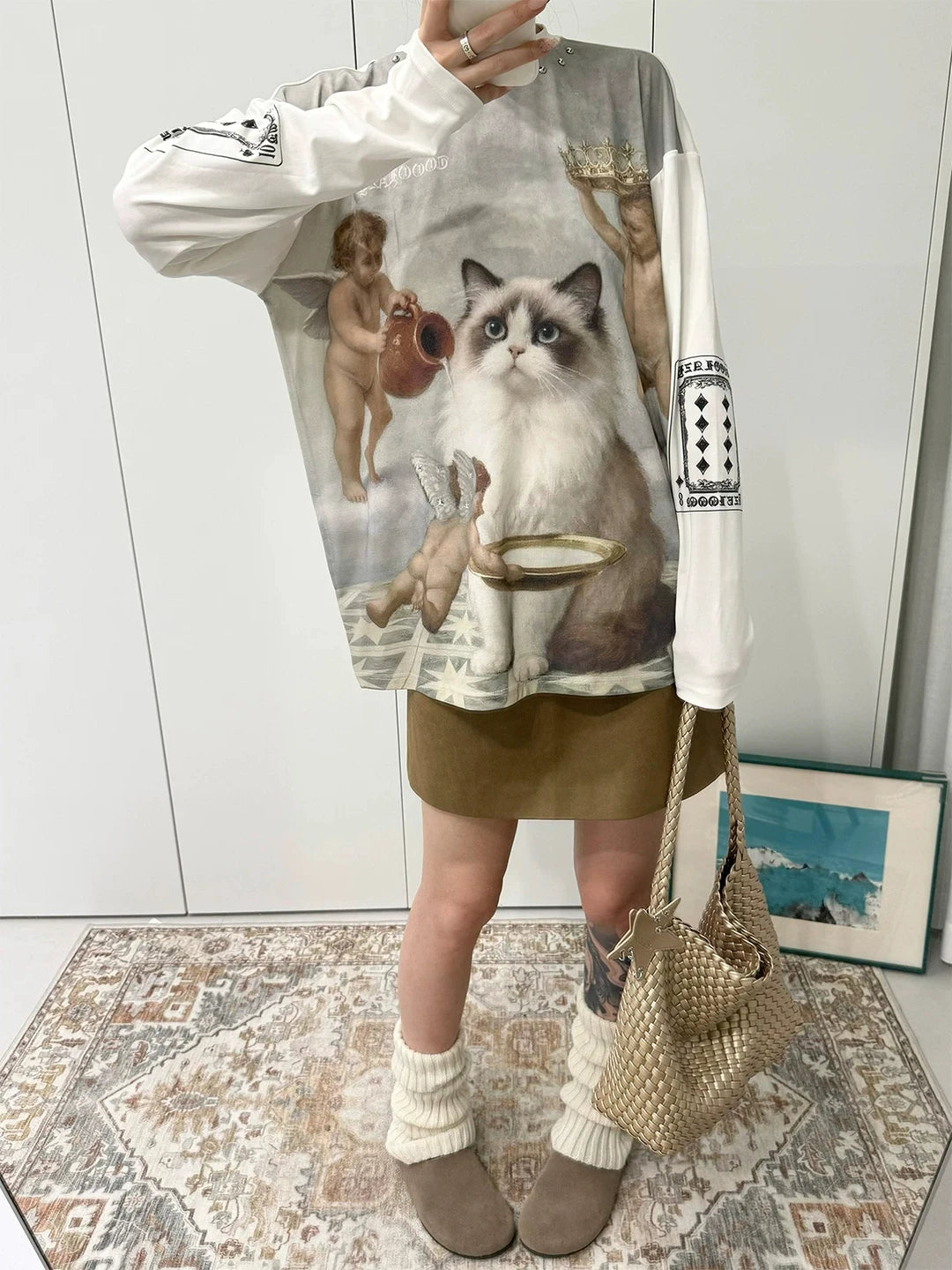 Sweatshirt Retro American round Neck White Sweatshirt Women Early Autumn New Print Loose Long Sleeve T-Shirt Lazy Style Top