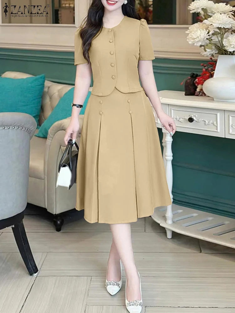 Pleated Skirts Sets Women Short Sleeve Shirts With Skirts Fashion Outfits 2025 ZANZEA Casual Korean Japanese Style Matching Sets