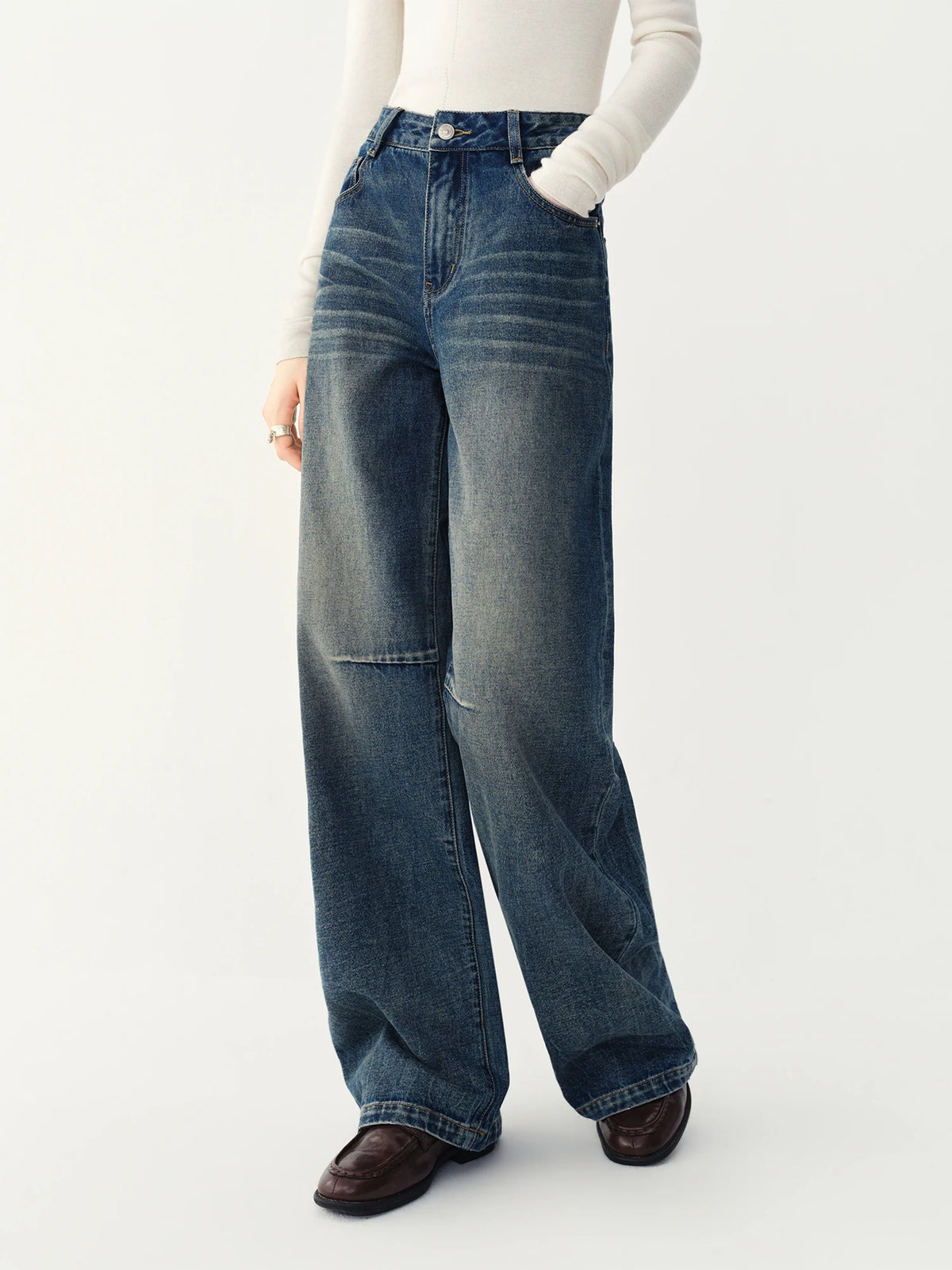 Jeans FSLE Women Vintage Washed Distressed High Waist Straight Wide Leg Jeans Leg Elongating Retro Denim Pants Casual Street Commute